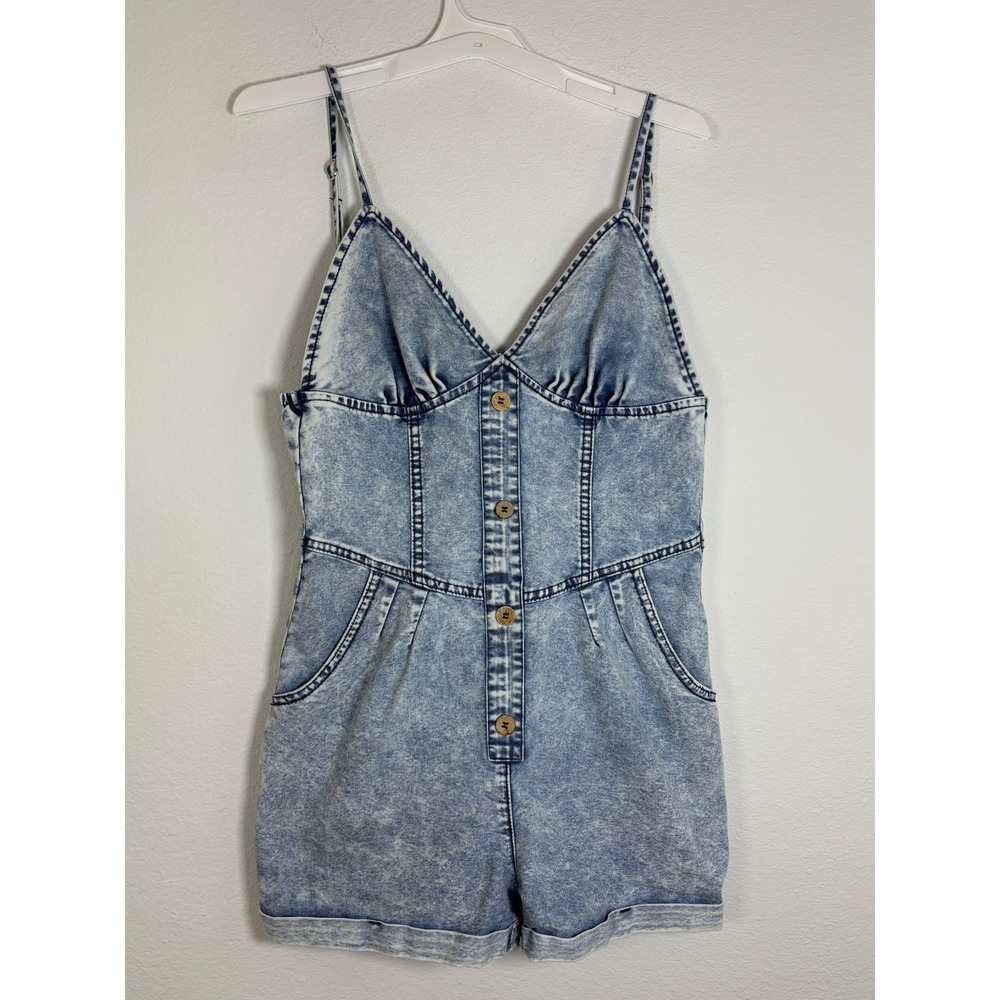 SHEIN Acid Wash Denim Romper Medium Blue Sleeveless Button Front V-Neck Jumpsuit